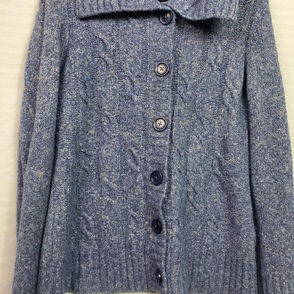 L.L. Bean Blue Cable Knit Marled Cardigan Sweater Wool Blend Medium - Picture 2 of 8